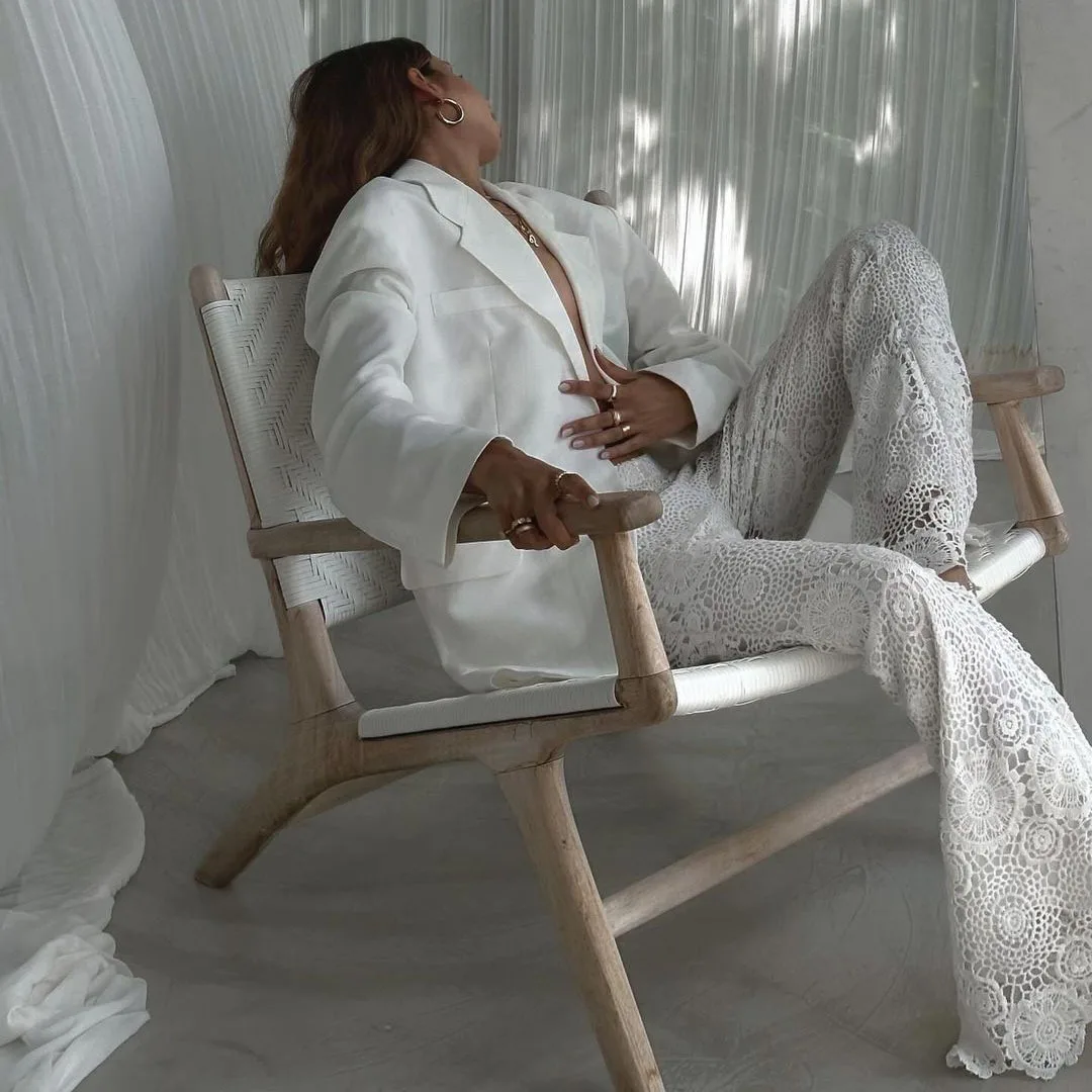 

Летние пляжные брюки с белым кружевом и широкими штанинами, женские весенние повседневные брюки с высокой талией, корейская женская одежда