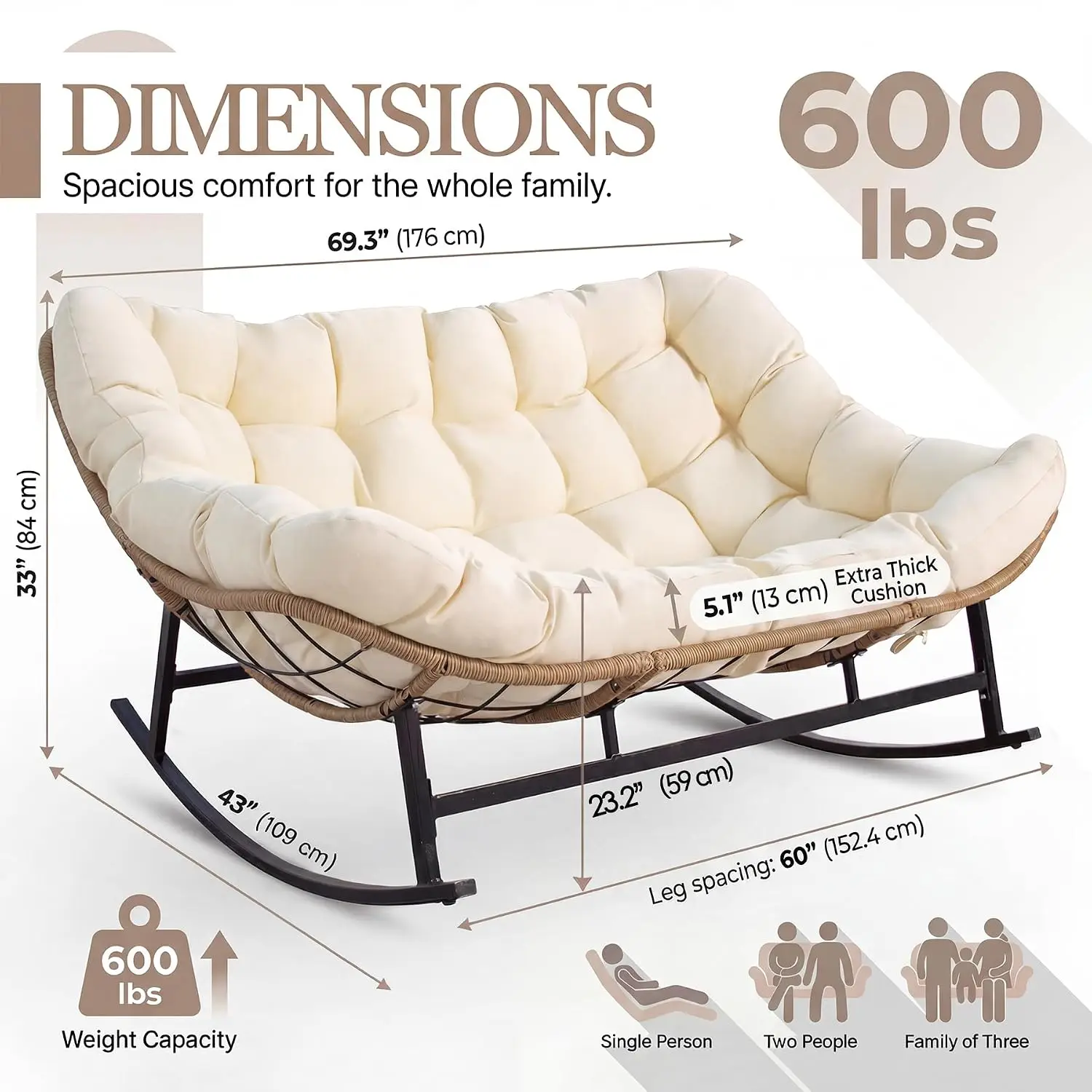 Oversized Double Rocking Papasan Chair with Thick Cushion, 2 Person Big Wicker Outdoor Comfy Recliner, Extra Large Heavy Duty