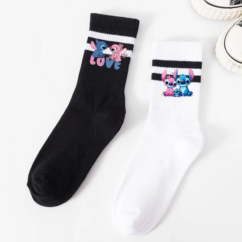 Disney Lilo & Stitch Damen mittellange Socken Einfachheit Parallel Bar Muster Mode Sport schweiß absorbierende atmungsaktive Socken