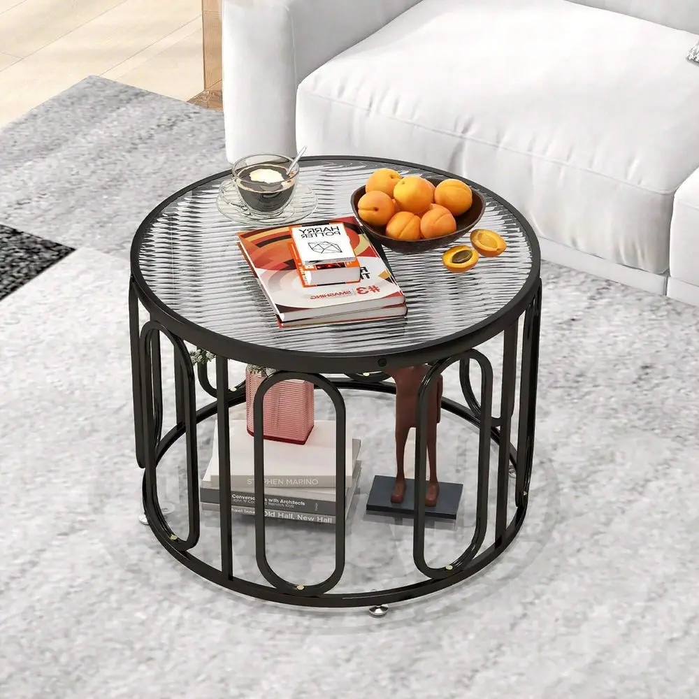 

2Tier 24 Round Coffee Table W Oval Swivel Brackets Reeded Tempered Glass