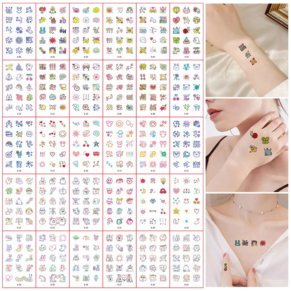 30 Sheets Cute Cartoon Temporary Tattoos for Hands Waterproof Tattoo Stickers for Children Rainbow Fruit Moon Fake Finger Tattoo