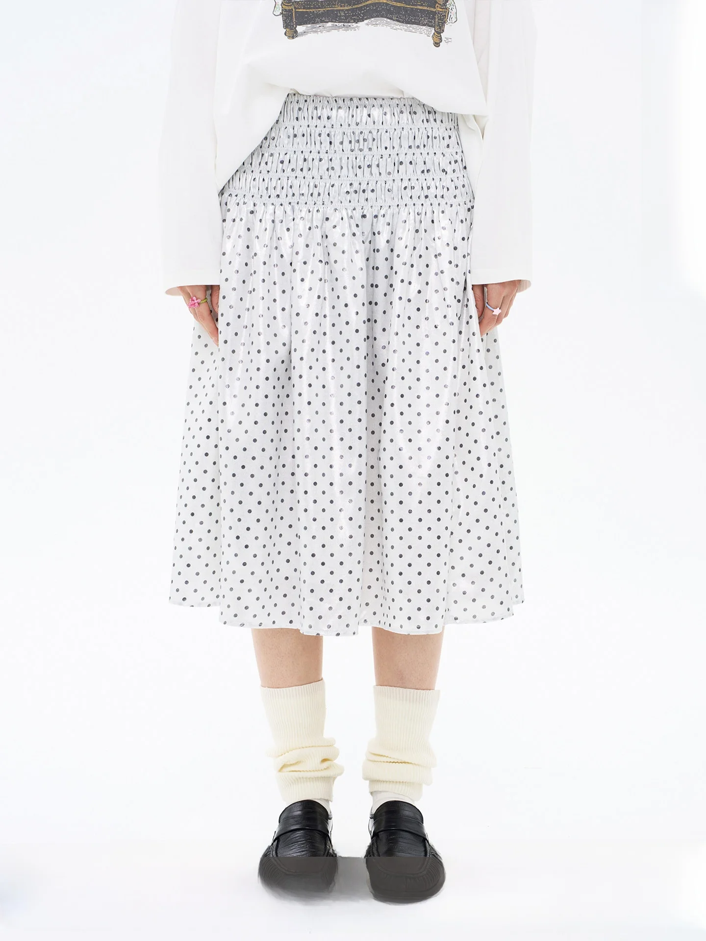 

iny Dot Embellied Heavy Embroidery f Skirt Quirky Silver Polka Dot A-Line Midi Skirt Polyester Pleated Midi Skirt