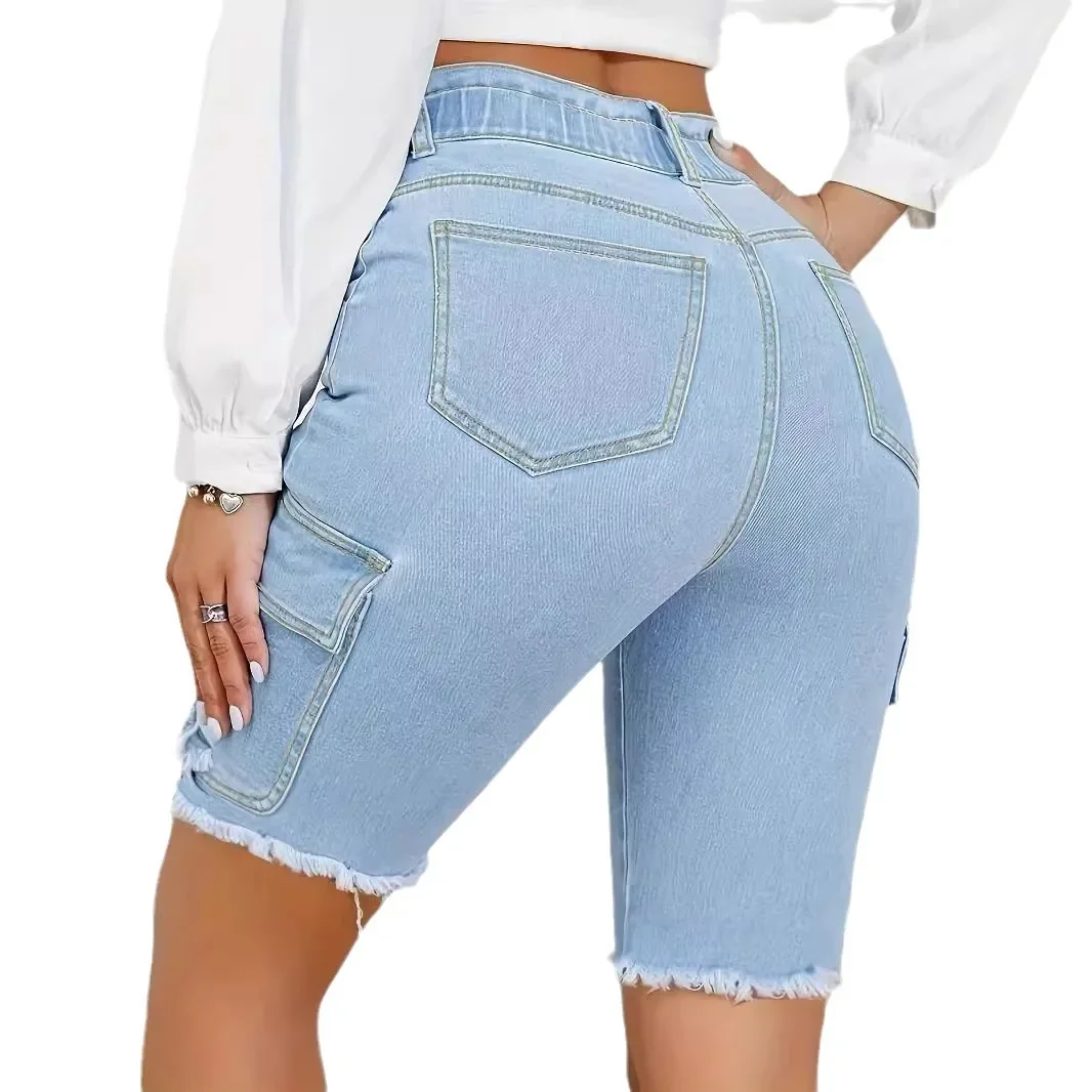 Pantaloncini di jeans strappati effetto consumato Pantaloncini al ginocchio da donna Fori Tasche jeans con cerniera Casual Vita alta impiombati Estate