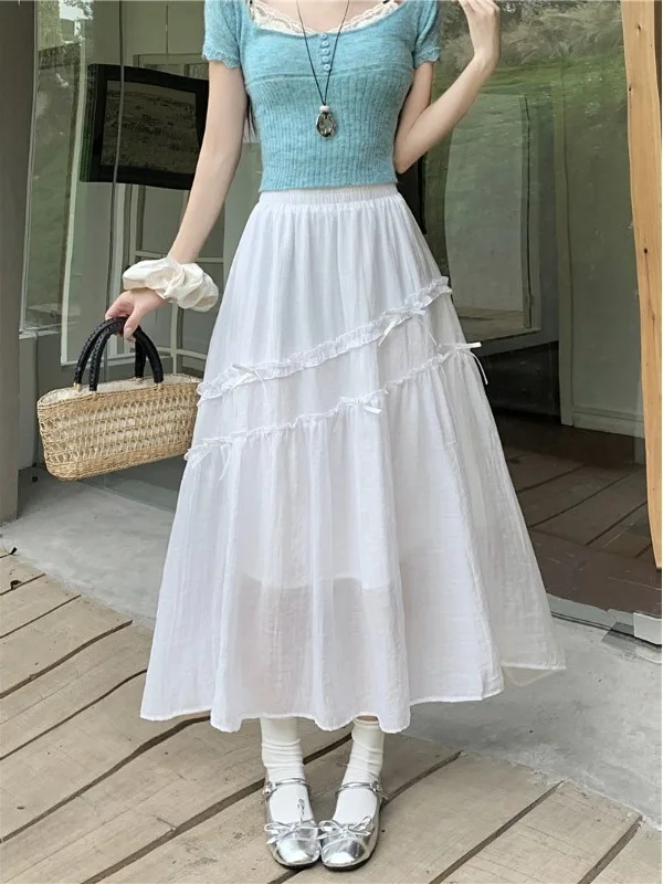 

Sweet Knot Wooden Half Skirt High Waist Loose Slimming Midi A-Line Skirt for plus Size Women Summer New Style