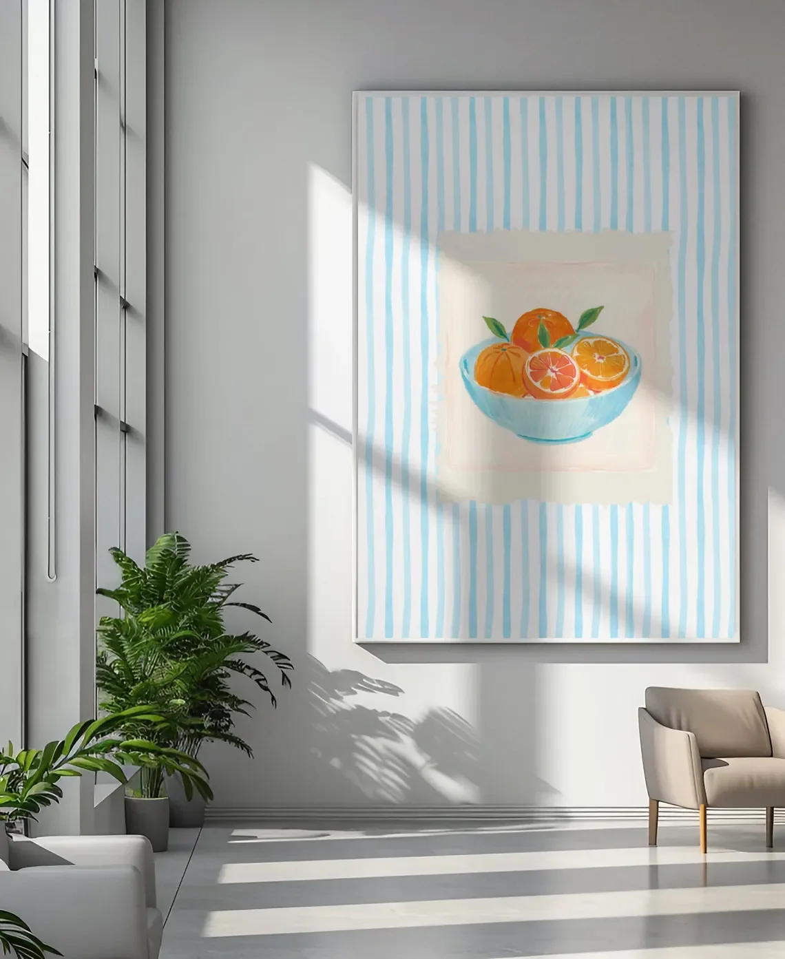 Serene Citrus Still Life Wall Art - Dreamy Watercolor Print Capturing the Warmth of Fresh Oranges. The cool blue stripes and sof