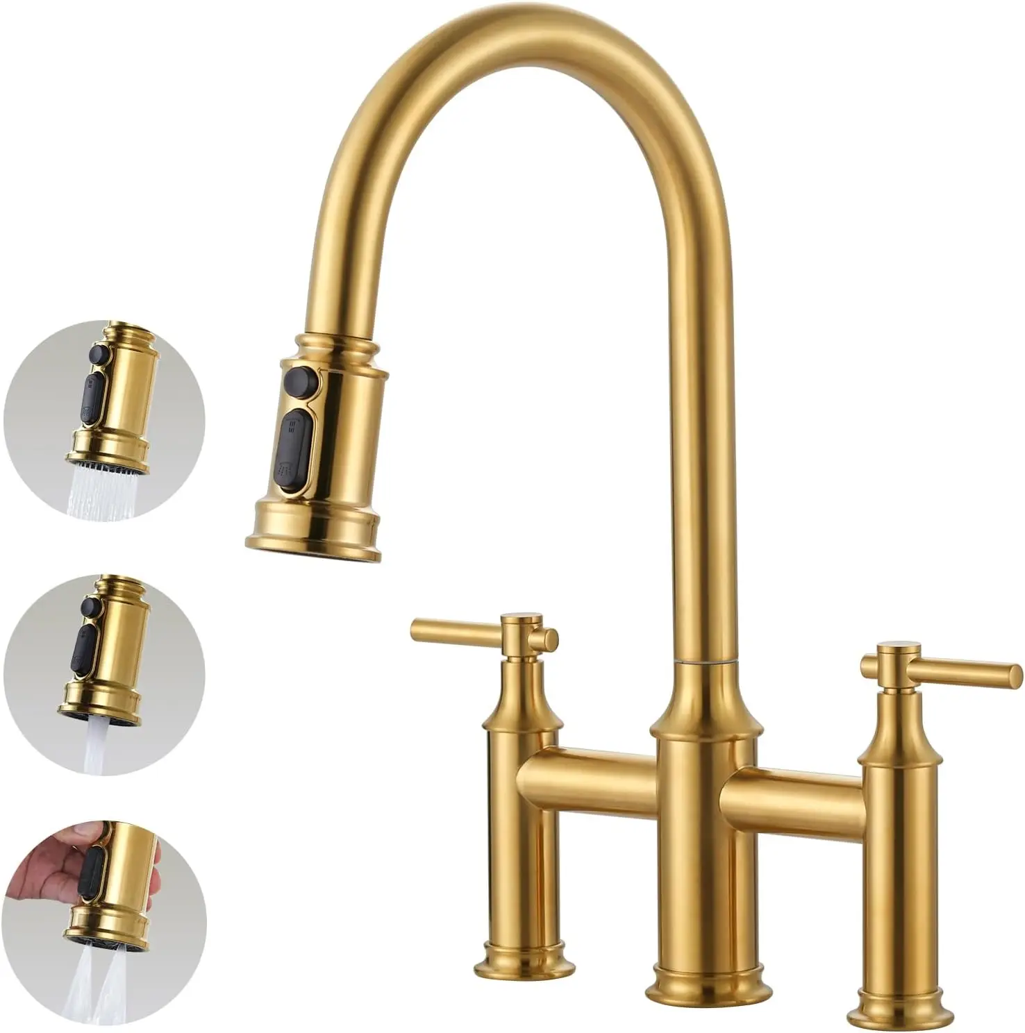 Brushed Gold Bridge Kitchen Faucet, 3-Hole Brass Bridge-Style Design with Pull-Down Sprayer, Two-Handle 8-Inch Centerset Kitchen Sink Faucet, 360-Degree Swivel Spout