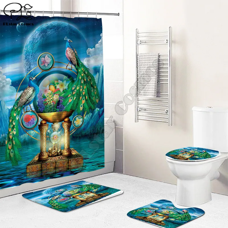 

Peacock/Turtle/Whale Bathroom Set Together Shower Curtain Rug Set Bathroom Mats Rugs Toilet Decor Mat 3D Printed 02