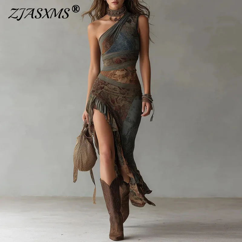 

Женское макси-платье в стиле бохо на одно плечо с винтажным принтом, драпировкой, облегающее, с высоким разрезом и оборками по низу, длинное, летнее, для пляжных вечеринок, коллекция 2026