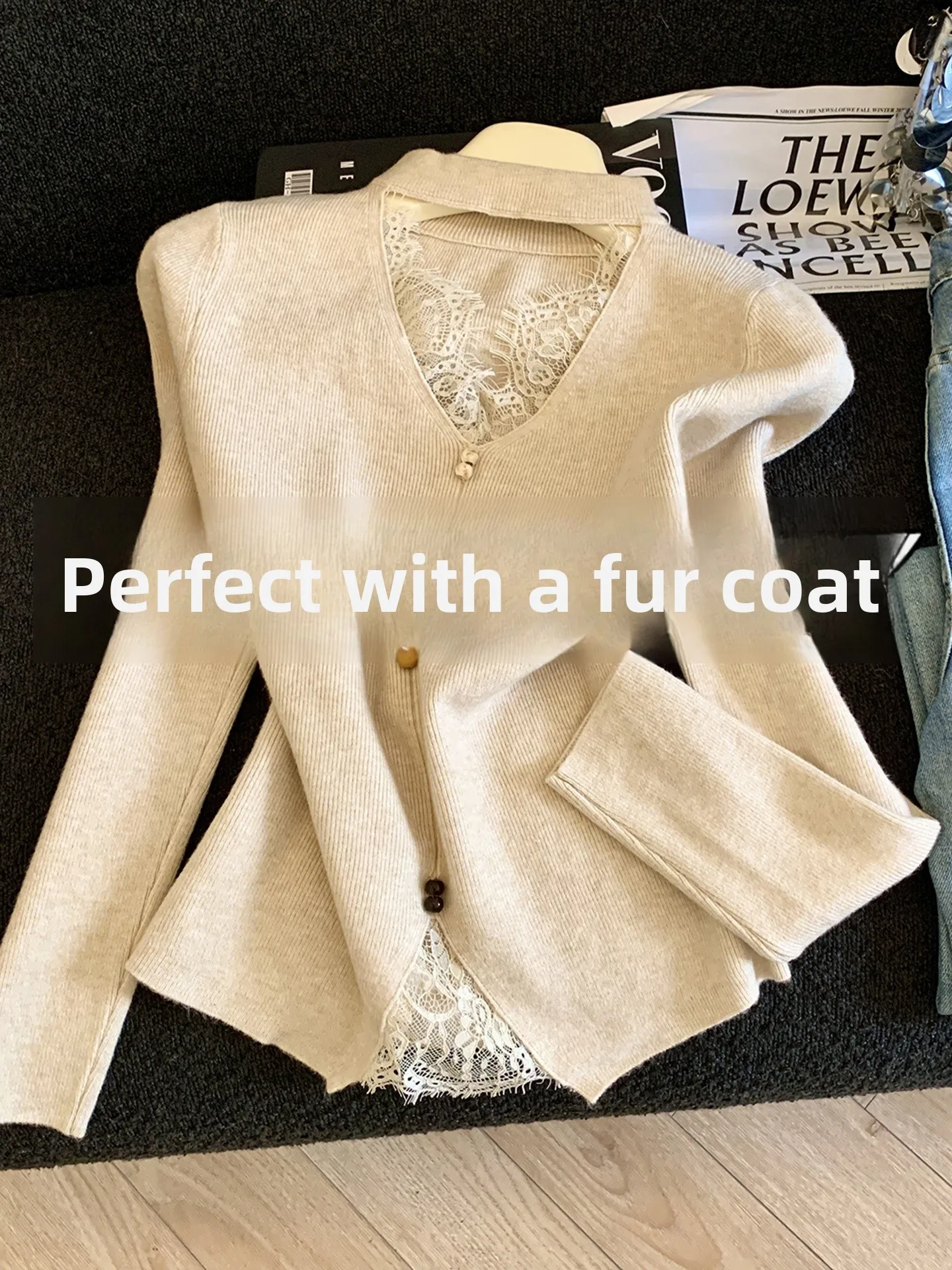 

Women's Knitted Lace Ne Hanging Sweater Fur Inner Wear Miu Sle Loose Fit Ci Walk Sweet Sle Long Sve Thiened