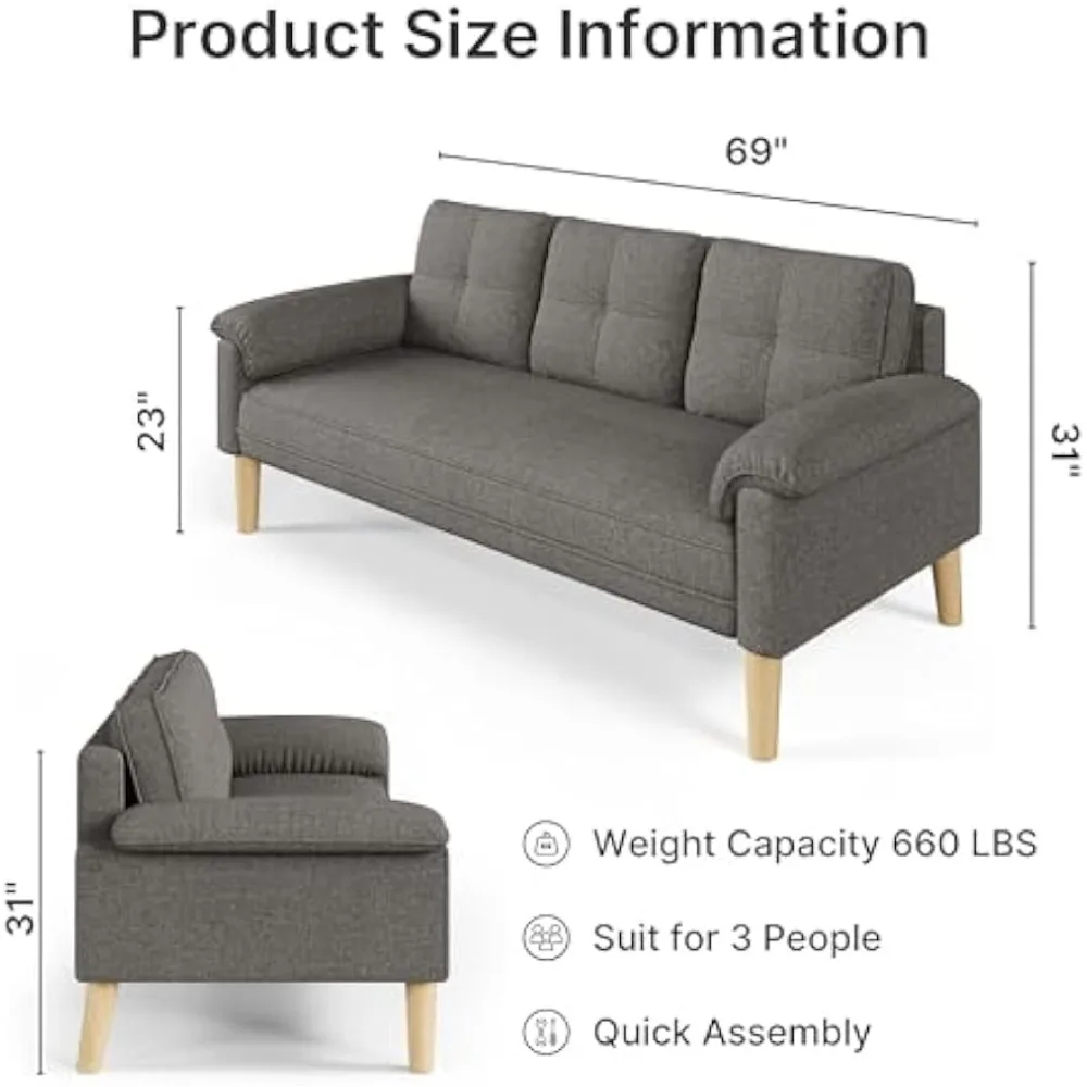 3-местный диван-диван с мягкими подлокотниками, глубоким сиденьем, удобной спинкой и ножками из массива дерева — легко собирается (серый)