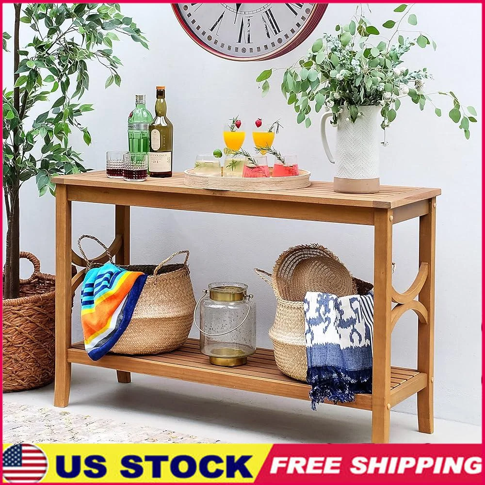 

Narrow Teak Outdoor Console Table Weather Resistant Multipurpose Patio Console Buffet Table Garden Storage Organizer Indoor