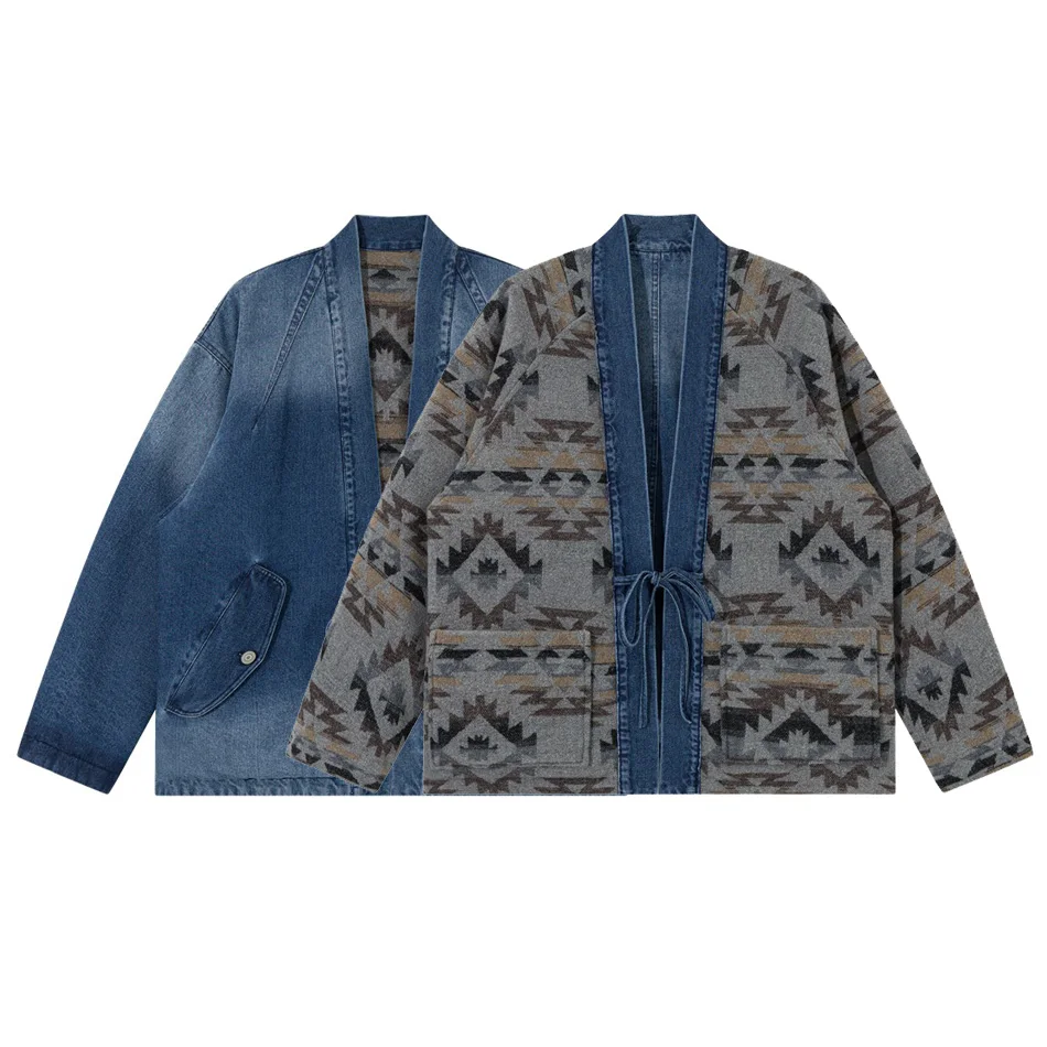 

Double Sided Wearable Denim Jacket Men Japanese Streetwear Vintage Fashion Loose Casuall Jeans Robe Cardigan Jacket Women Coat