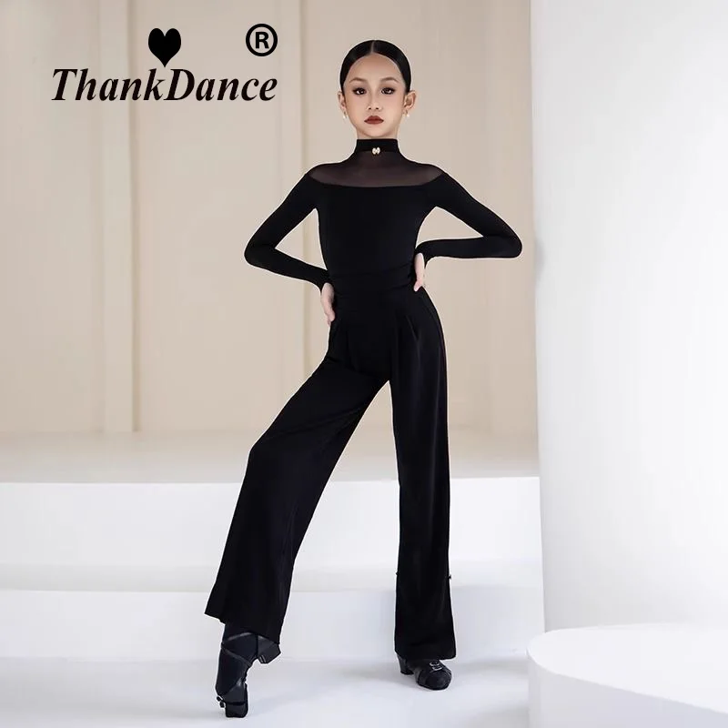 子供ラテンダンススーツ服女の子ラテン練習着黒トップスパンツ長袖社交ダンストレーニング衣装セット