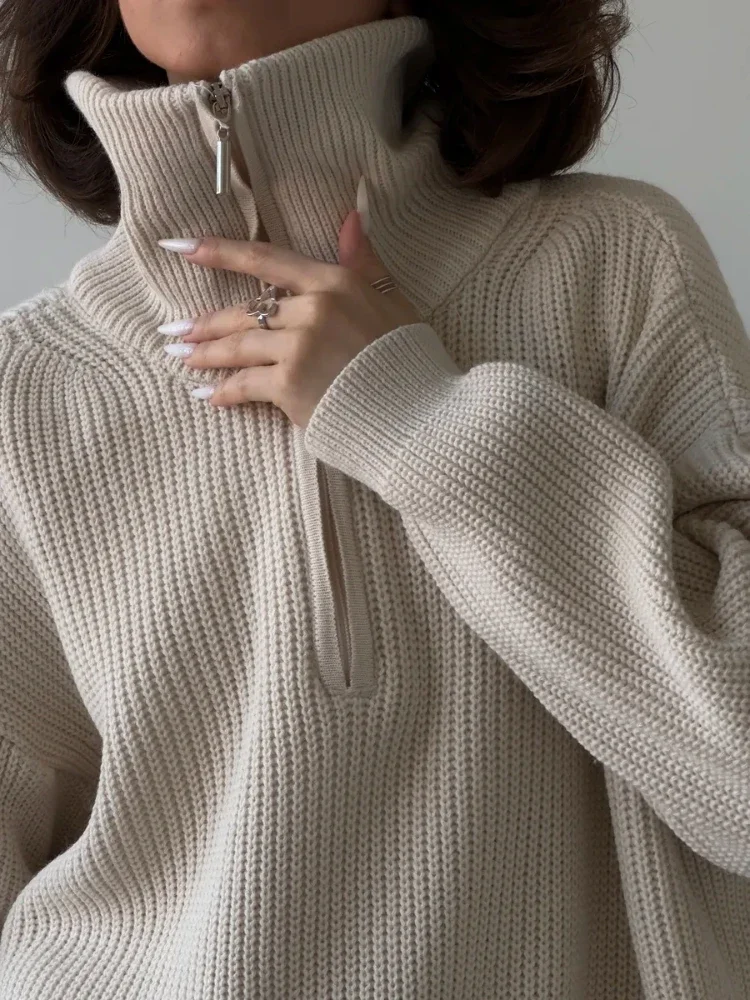 

Women's Sweaters Zipper Long Sleeve Solid Casual Lapel Knitted Pullovers Loose Female 2025 Autumn Jumper Oversized Sweater Women