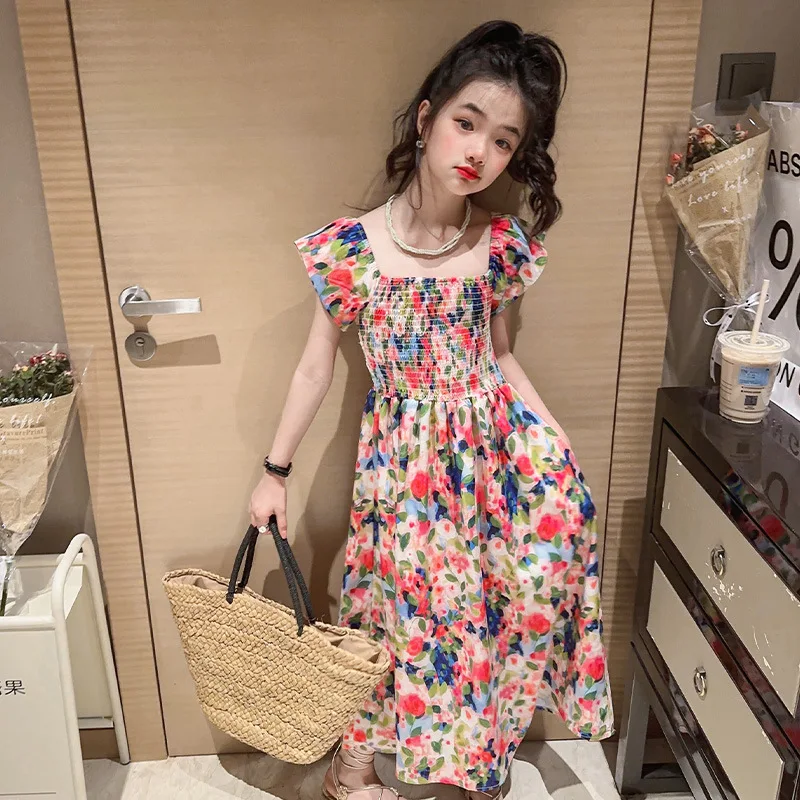 Girls floral dress summer dress children\'s summer thin princess dress older children girls skirt