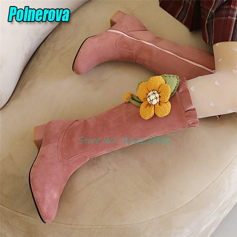 Autumn Winter New Suede Knee High Boots Sunflower Flowers Decor Side Zipper Mid Heel Long Boots Sweet Comfortable Women Shoes