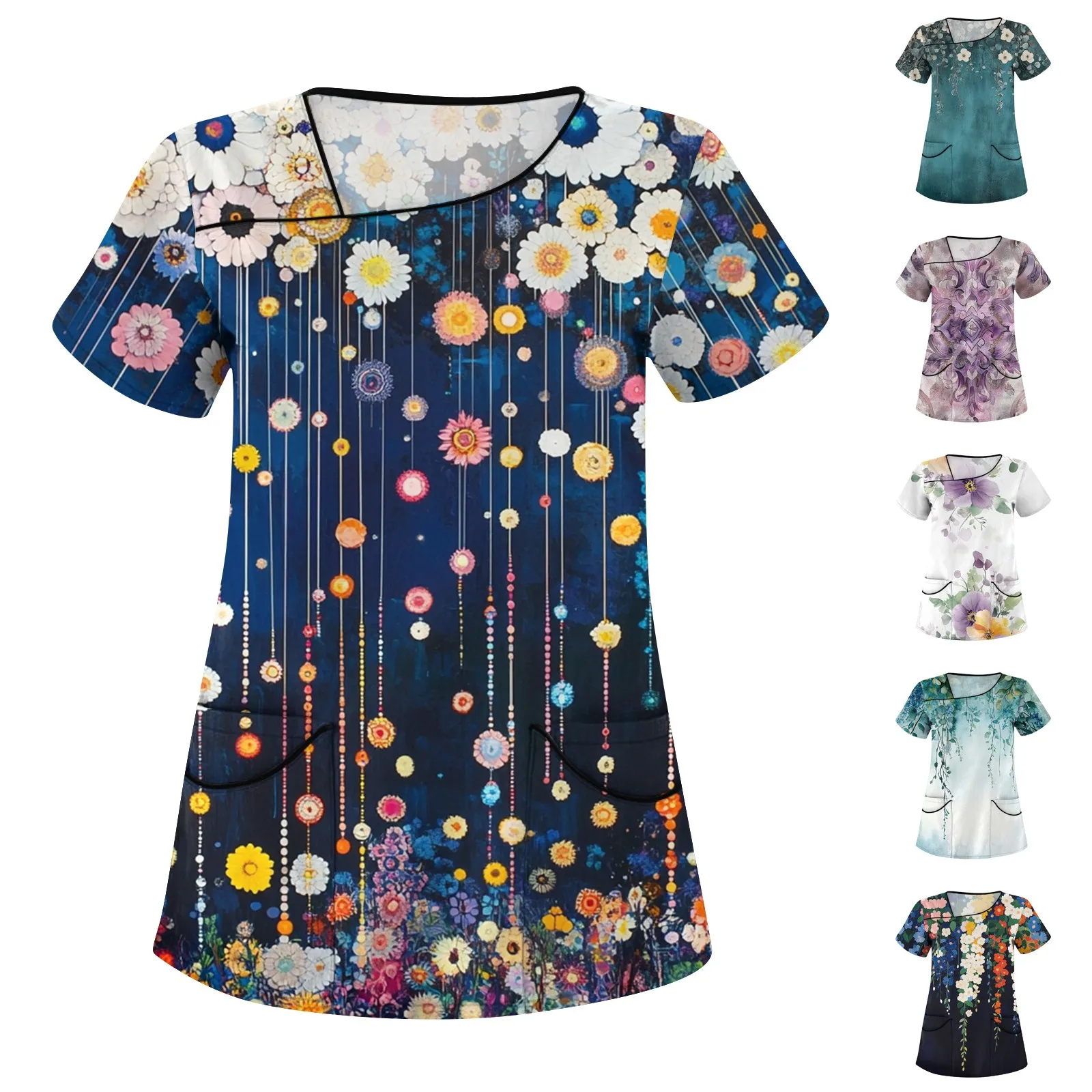 

Women's Oversized Breathable Casual Floral Printed Short Sleeve Sloping Collar Workwear Top with Pockets Comfy Working Uniform