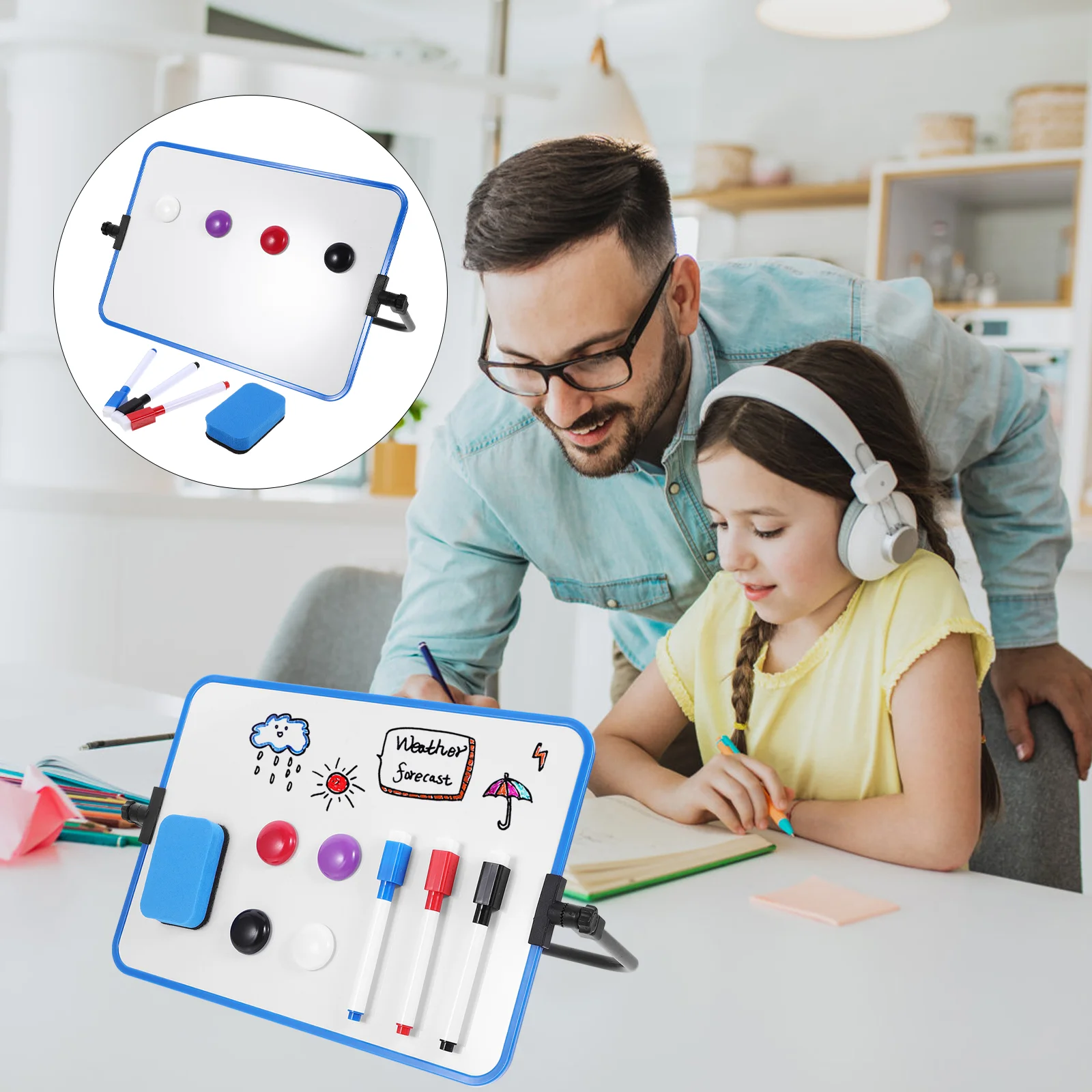 Tableau Blanc Magnétique Double Face, Effaçable à Sec, Portable, Calendrier, Note de Bureau, Support de Messages, Bleu, Pp