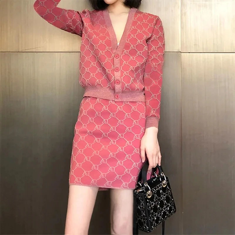 Korean Fashion Knitted Cardigan+Mini Skirt Knit Set Women Sweet Print V-Neck Single Breasted Jacket Pencil Skirt Two Piece Suit