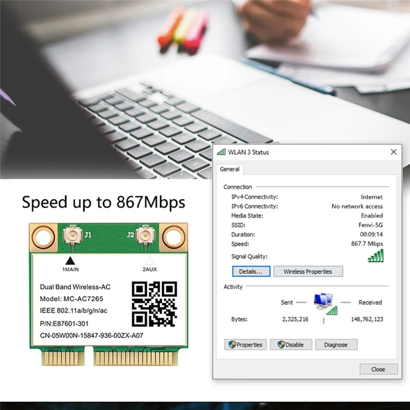 ミニPCI-E Wi-Fiワイヤレスデュアルバンドカード,Bluetooth 4.2,802.11ac,2.4g,5GHz,1200mbps,ノートブックアダプター,ac7265