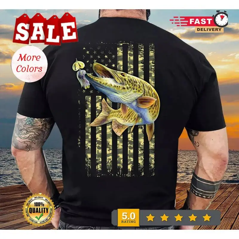 

Muskellunge Fishing Американский камуфляж Флаг США для рыбака, футболка Muskie North America