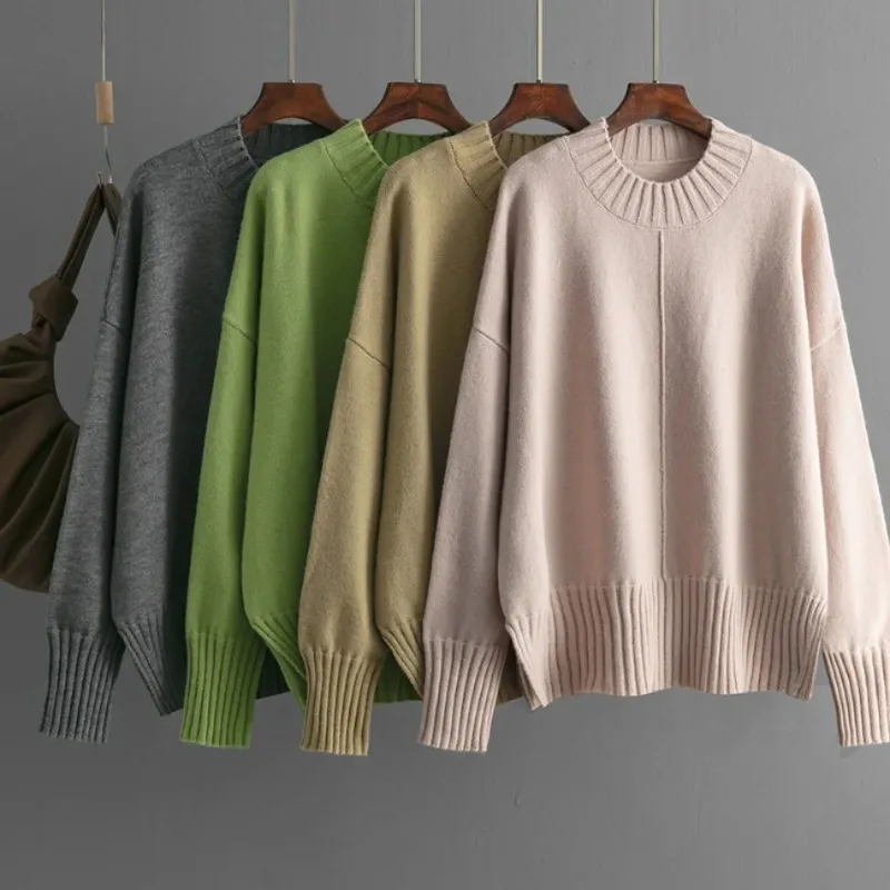 Autumn Winter Women's Knit Sweater Casual Loose O-Neck Pullovers Basic Jumpers Vintage Long Sleeved Tops Elegant Lady Clothing
