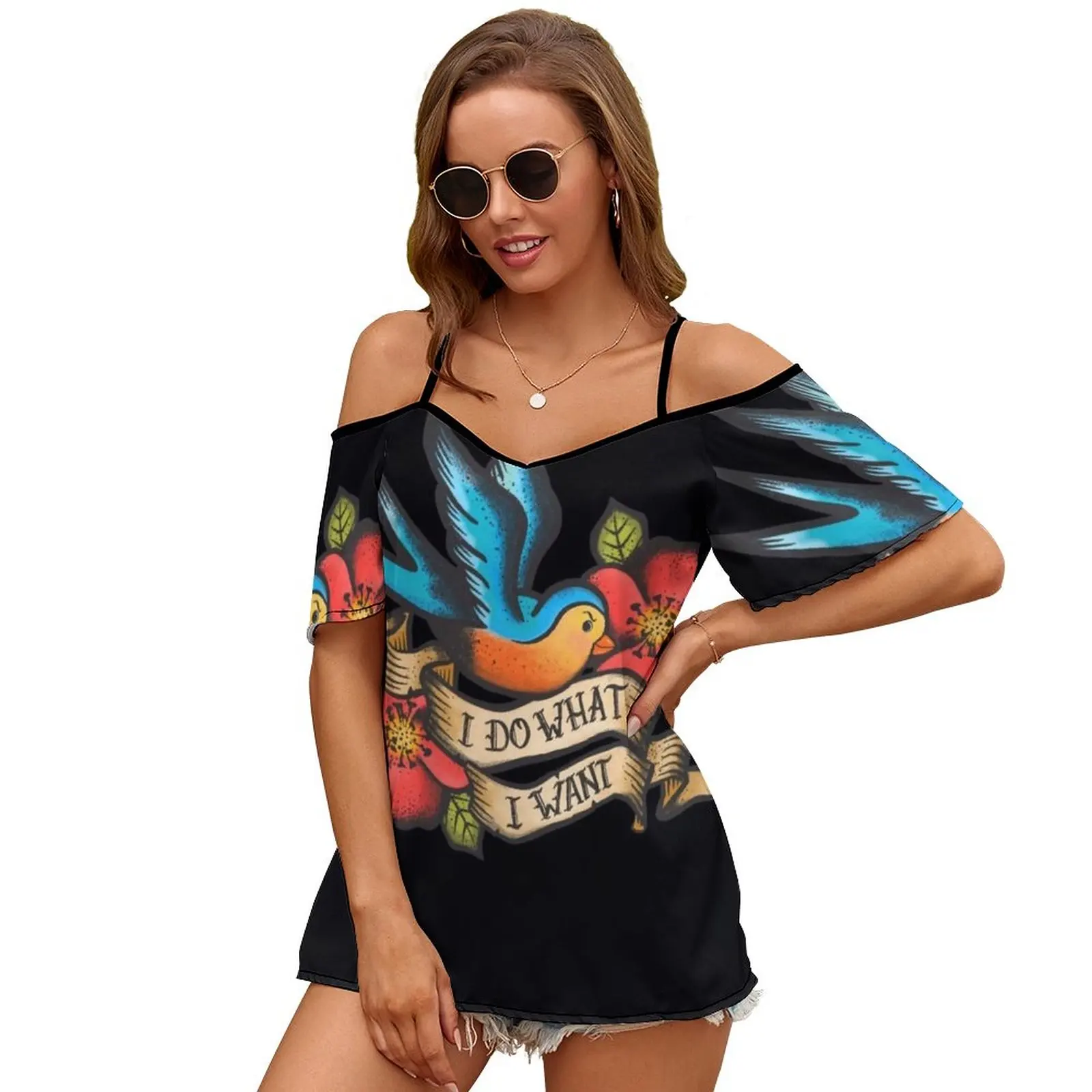 I Do What I Want Vintage Bluebird And Rose Tattoo Women Short Sleeve Tops O-Neck Hollow Out Shoulder Strap Tees Streetwear