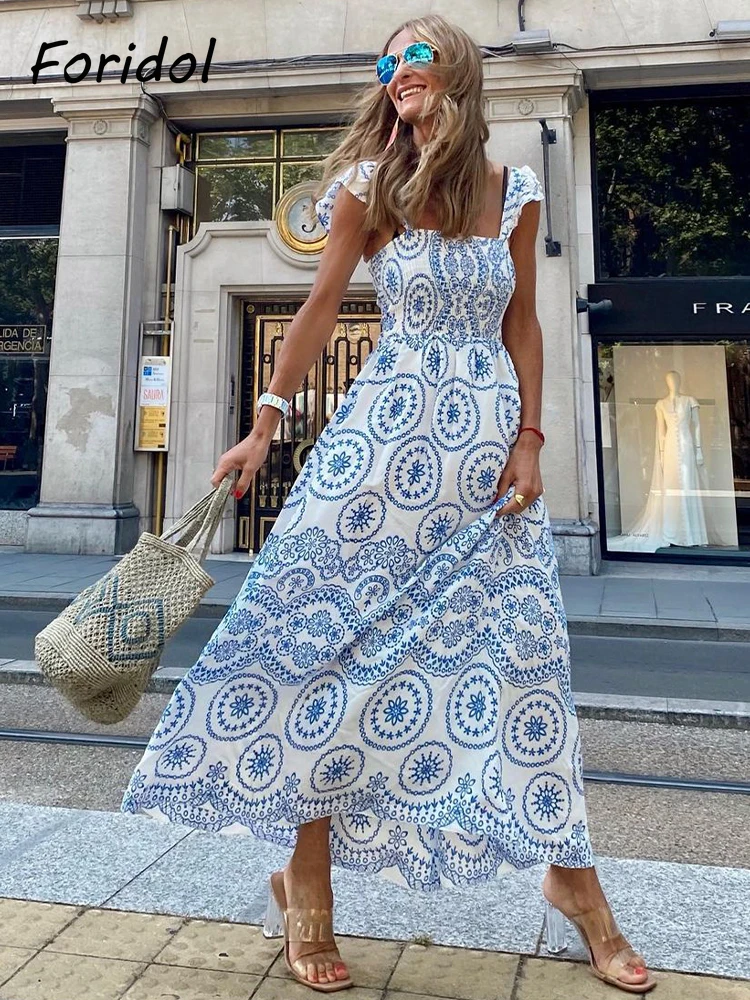 Blauwe Bloemen Embroidey Zomer Strandjurk Vrouwen Casual Vakantie Bohemian Jurk Boho Zomerjurk Maxi Lange Vestidos Mode Kleding