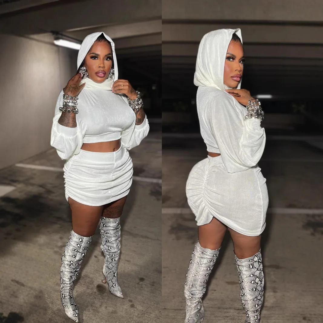 

Wild Women 2 Piece Set Solid Long Sleeve Hooded Crop Sweatshirts Mini Skirts Matching Set 2025 Spring Summer Night Club Outfits