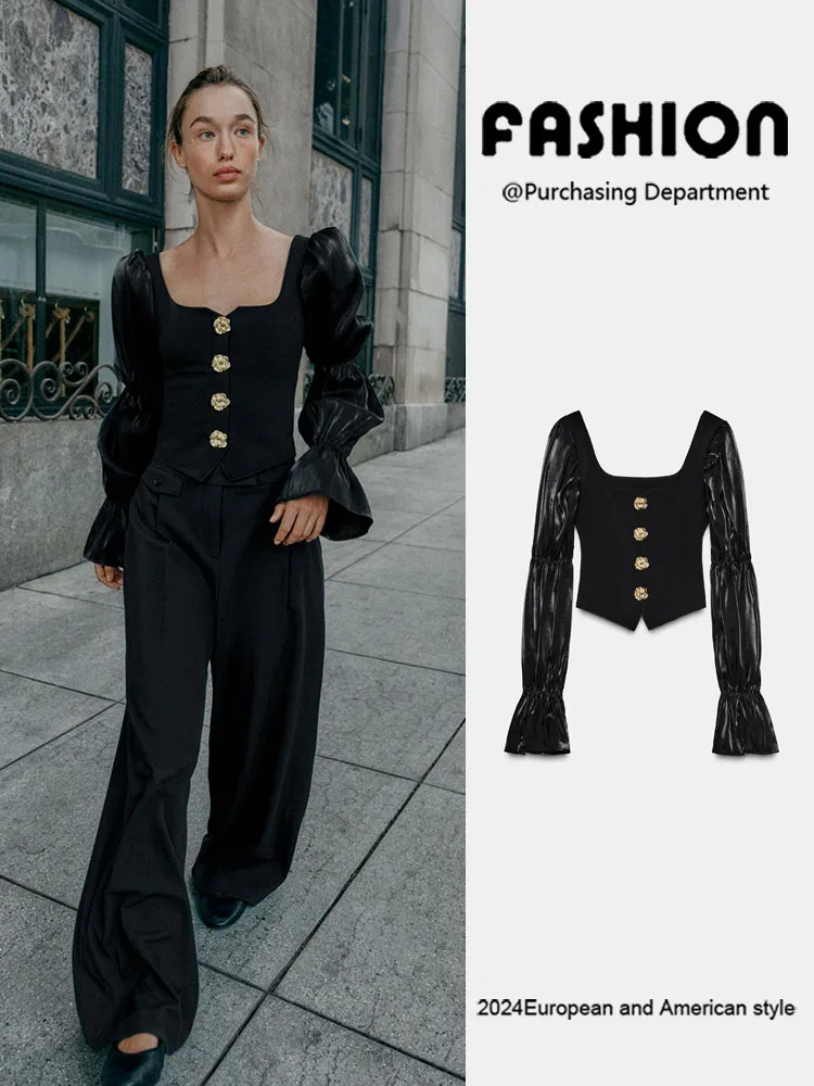 

New Women's Long Sve Elastic Single Button Patchwork Slim Fit Top Autumn 2025 Faion Ladies' Clothing Stage Costume