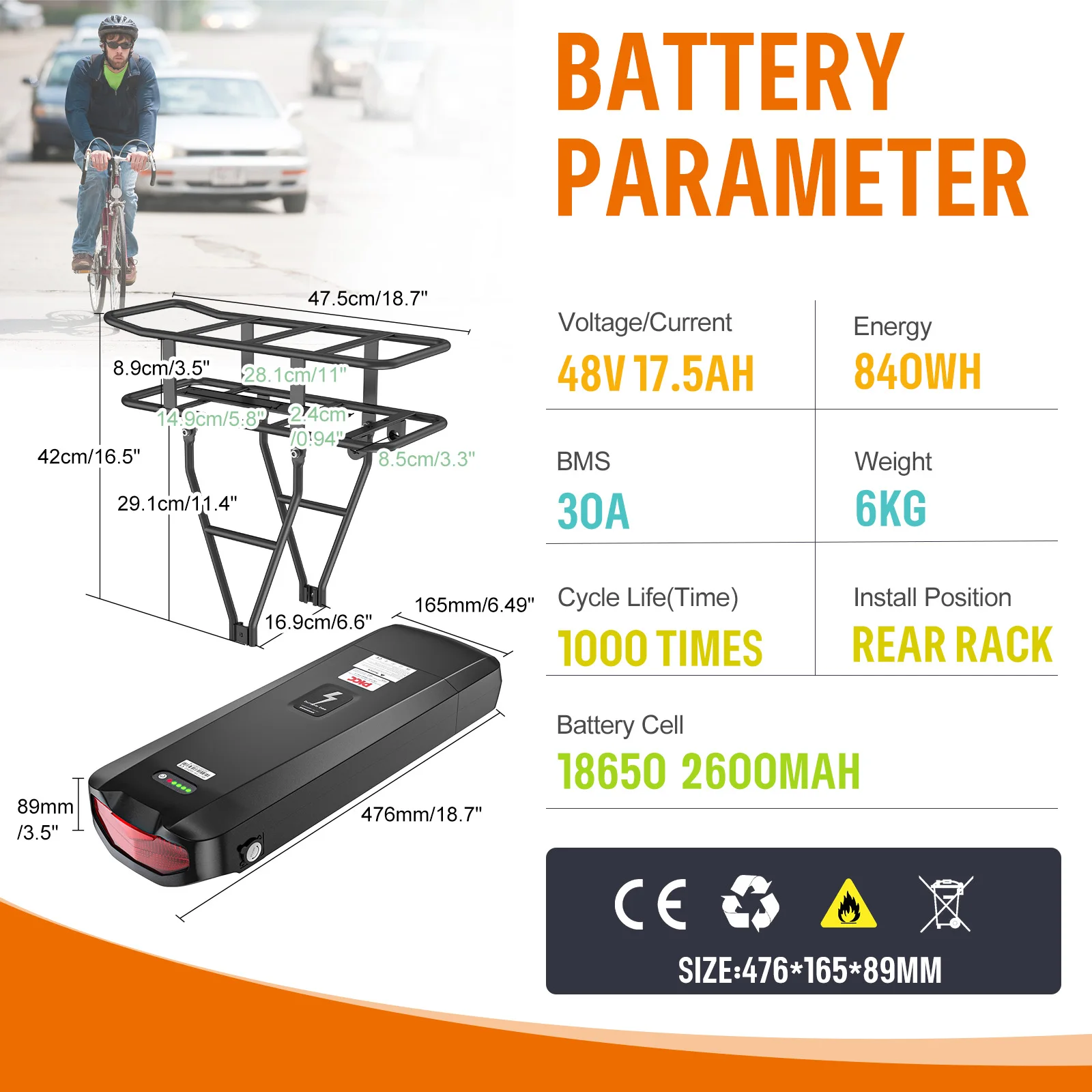 Achterrekken eCycling Batterij 36 V 22.5AH Lithium Batterij 18650 21700 48 V 17.5Ah voor Elektrische cyclus 250 W 500 W 750 W