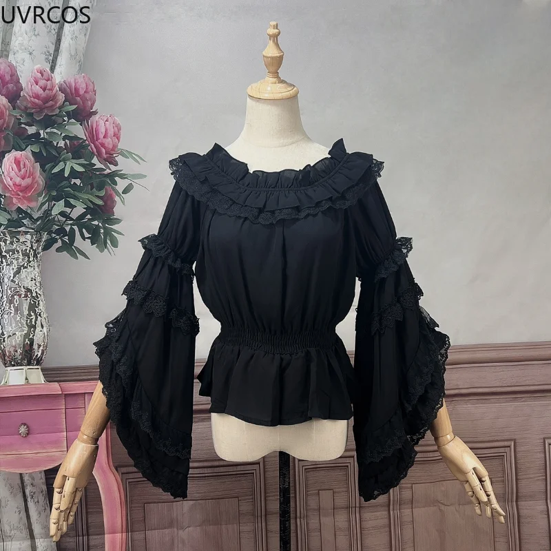 Camisas de Lolita Vintage victoriana para mujer, blusas de gasa con volantes de encaje Kawaii con cuello redondo y manga acampanada, blusas