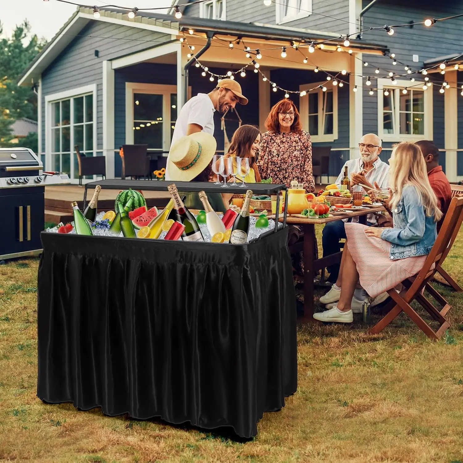 Black 4 ft Foldable Cooler Bar Table, Outdoor Party Grazing Station with Built-In Drain, Storage Shelf & Matching Fabric Skirt