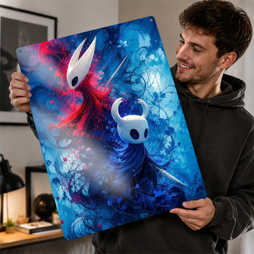 Hollow Knight And Hornet Abstract Duo Textured Poster Customized Metal Tin Sign Celestial Glow Style Wall Art Enhances Bedroom