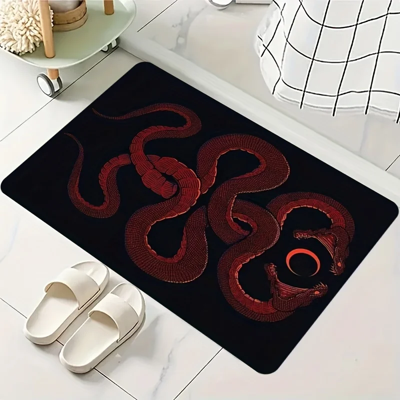 Premium Black Doormat mat with Vibrant Red Embroidered Snake Art for Entryway Home Decor Polyester Fabric Luxurious Accent Rug W