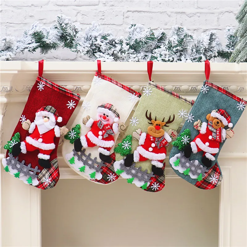 

Christmas Stocking Gift Bag Linen Snowman Large Kids Candy Sack Xmas Tree Ornament Santa Gift Bags Xmas Stocking Christmas Bags