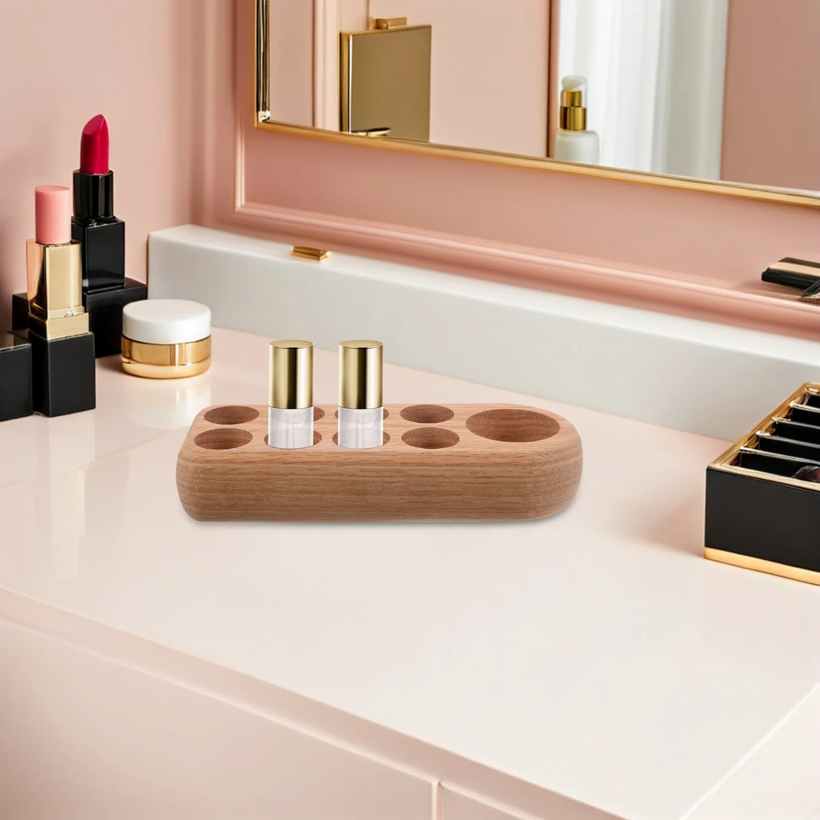 

Деревянная подставка-органайзер на 9 отделений для флаконов с эфирными маслами, парфюмерии, лаков для ногтей, для домашнего декора