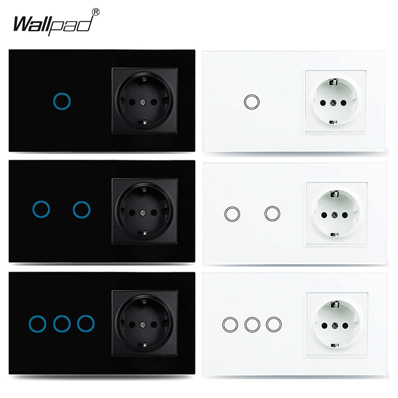 Wallpad Touch Light Switch With EU Power Wall Socket White Black 300W Wall Led Switches 1/2/3Gang 1Way Crystal Glass Panel 157mm