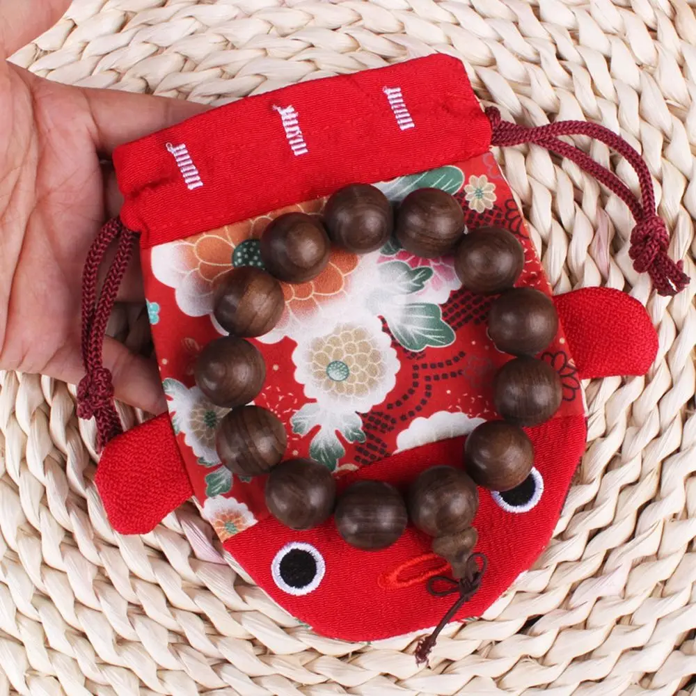 Cartoon Animal Canvas Flower Drawstring Bag New Year Red Color Bag Gold Fish Shape Handbag Large Capacity Wrist Bag