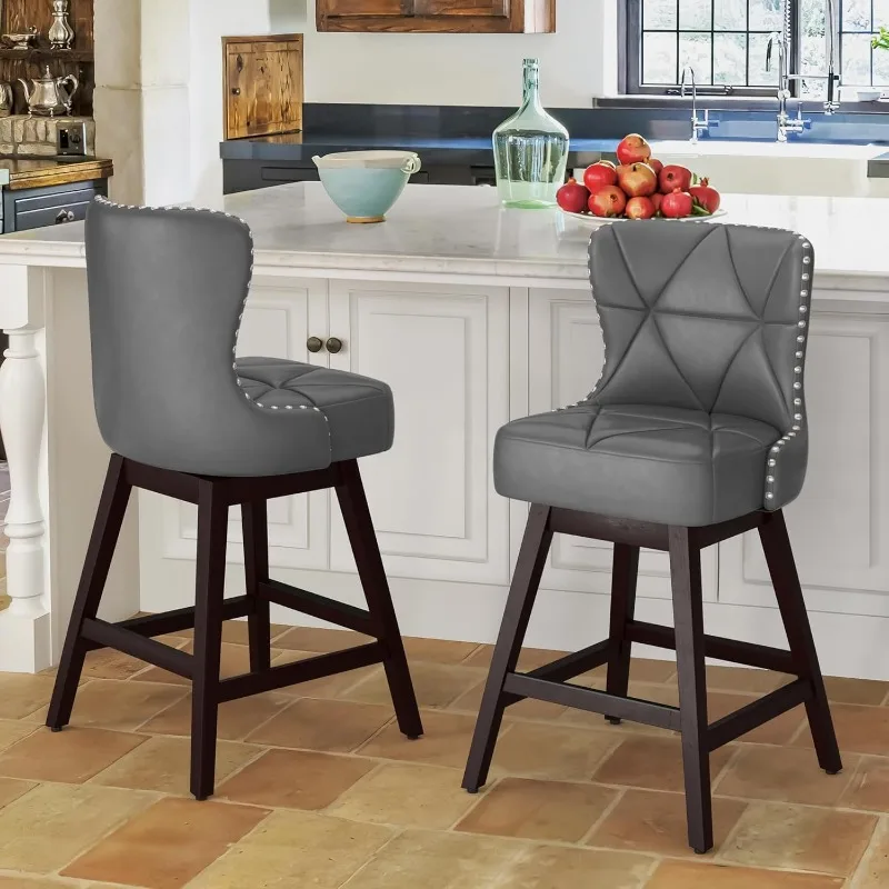 Counter Height Bar Stools Set of 2, 26" H Swivel Bar Stool with Back, Faux Leather Counter Stool, Solid Wood Legs