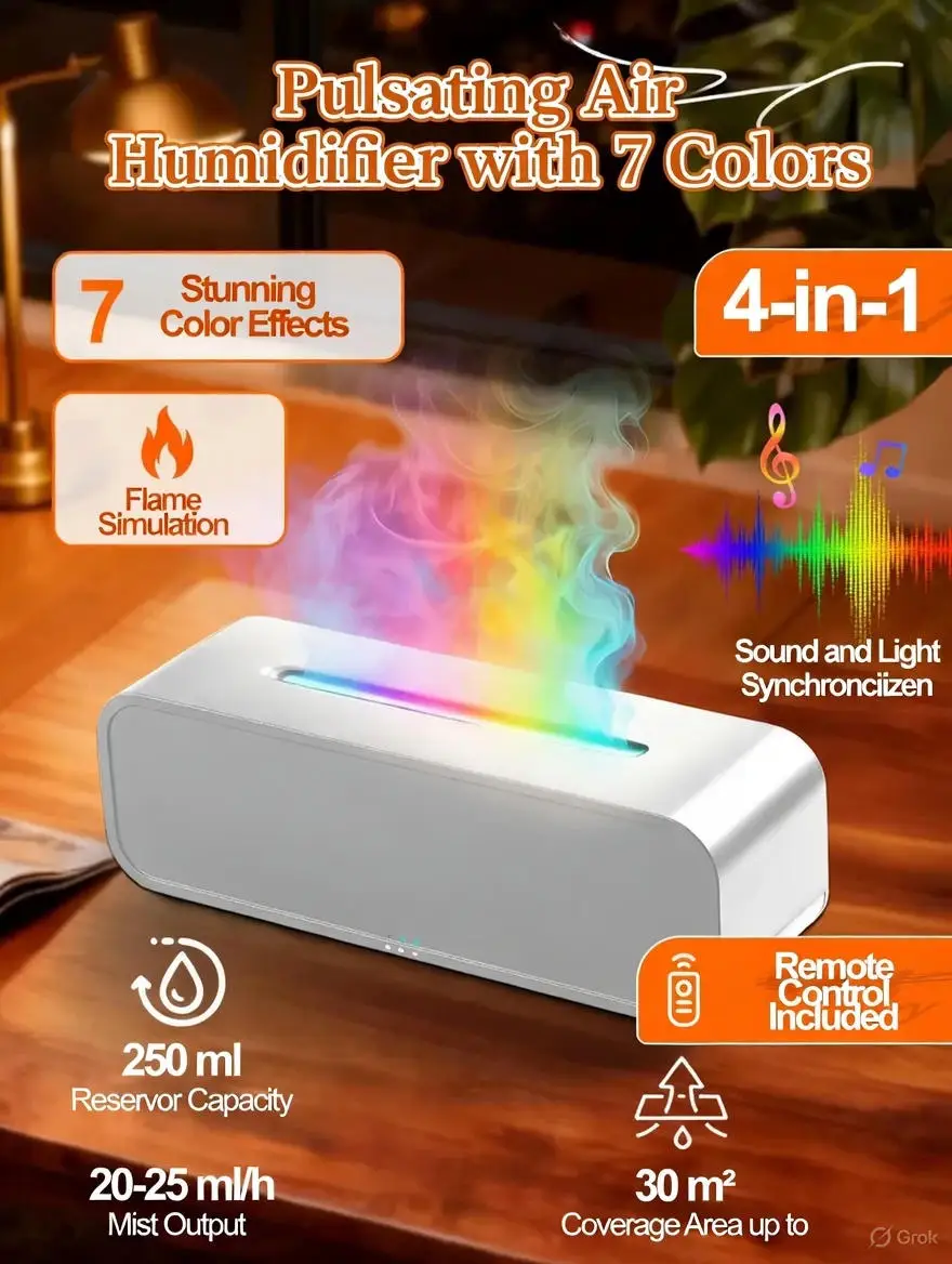 

RGB увлажнитель с эффектом пламени, аромадиффузор, звук, реактивный свет, дистанционный таймер, ультразвуковой прохладный туман, ароматерапия для спальни