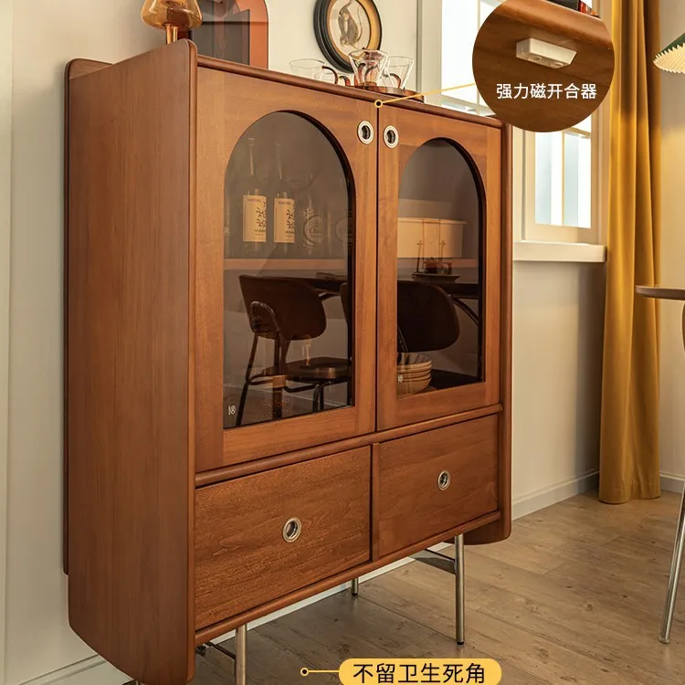 Nordic solid wood dining side cabinet retro living room wall locker dining room glass storage tea cabinet