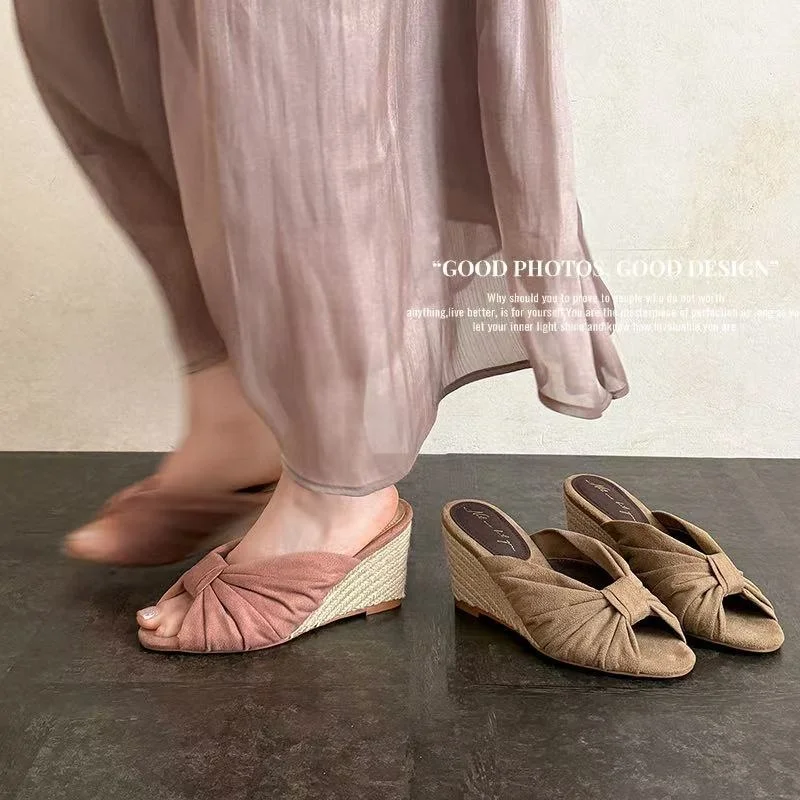 2026 new summer women sandals natural leather 22-25cm flannel+sheepskin+pigskin pleated mules high heel women slippers fashion