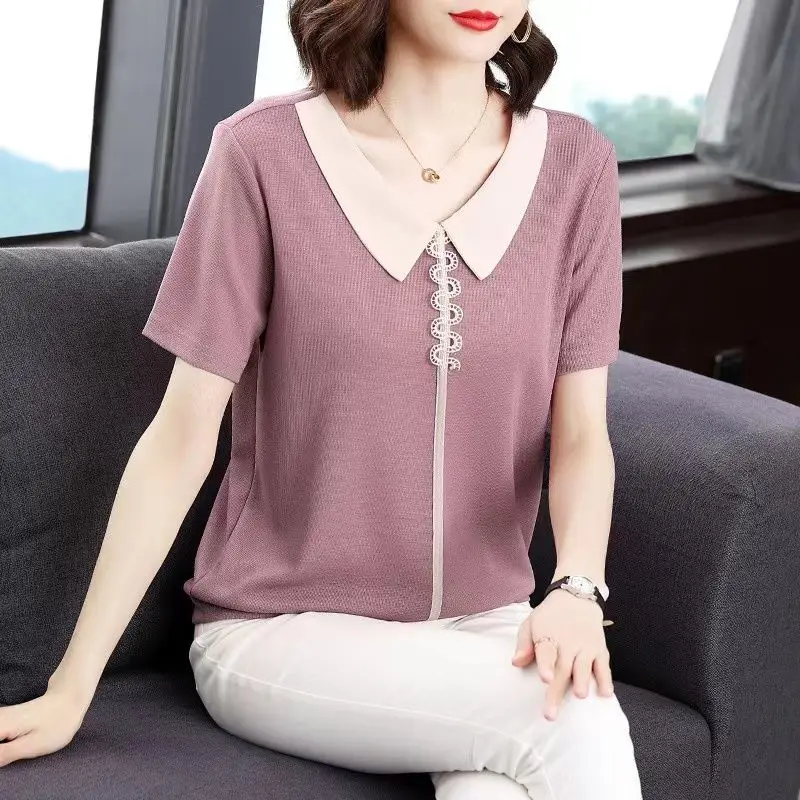 Female Clothing Peter Pan Collar Patchwork Shirt Casual Bright Line Decoration Summer Commute Solid Color Stylish Lace Blouse