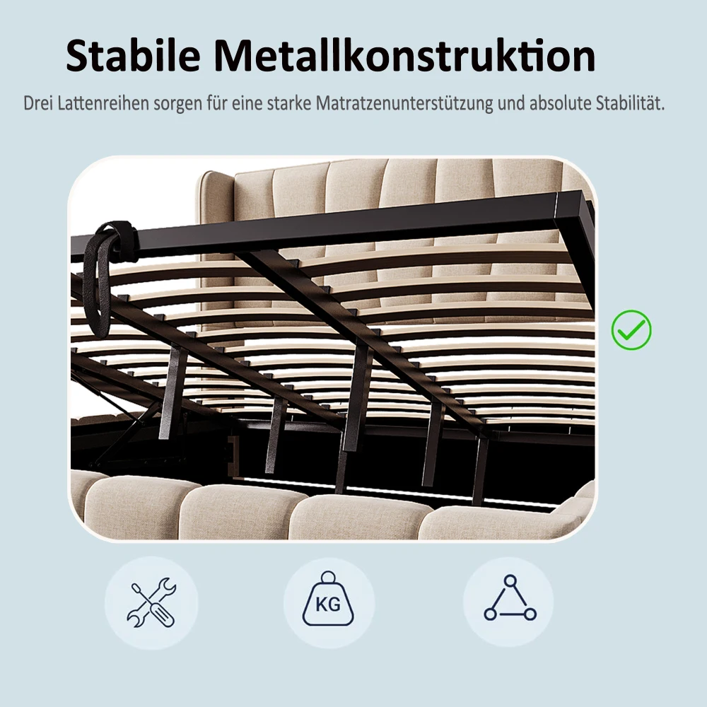 180x200cm gepolstertes Doppelbett mit pneumatischer Stauraum-Lattenrostunterlage und Rückenlehne – Leinenrahmen für Erwachsene und Jugendliche (ohne Matratze) – Detail 5