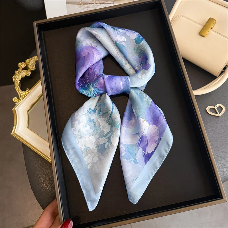 

Classics Blue Flower Print Scarf Neckerchief Women's Square Scarf Purse Scarf for Women 70cm Designer Satin Headscarf