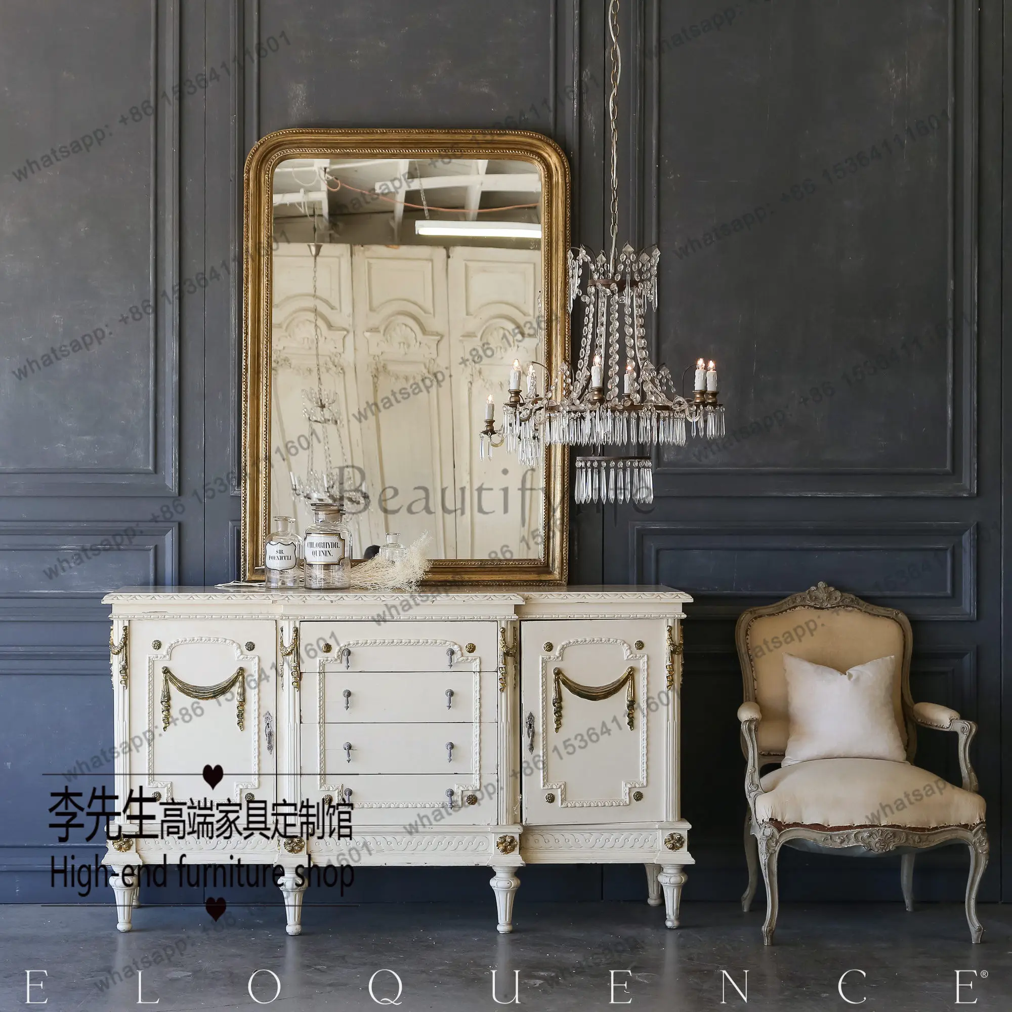 

European solid wood carving flower foyer cabinet, French neoclassical gold-painted locker