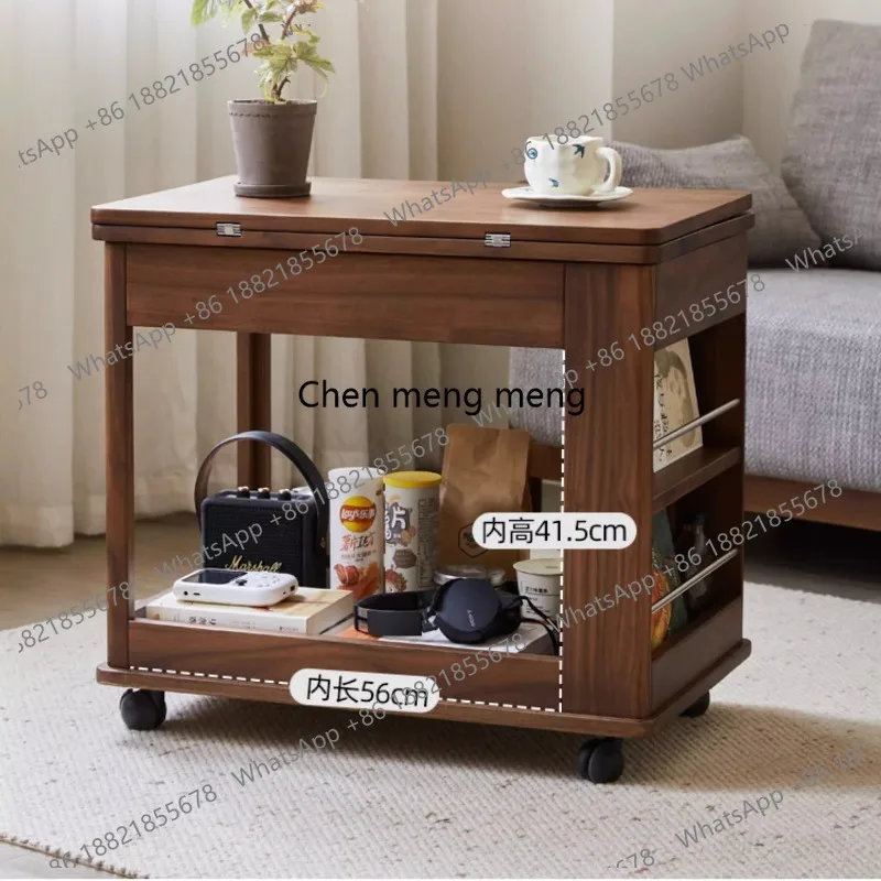

Black walnut coffee table all solid wood movable side table cart simple folding coffee table living room