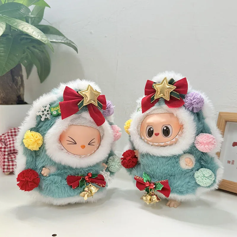 Labubu 1st-3rd Gen Keychain Outfit Set Christmas Costume with Ornamental Balls & Bells for 17cm Blind Box Vinyl Doll Clothing