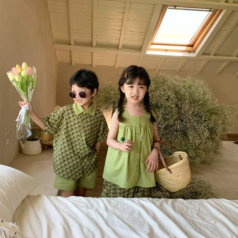 2024 Summer Boy Girl Matching Clothes Brother Sister Floral Short Sleeve Shorts 2pcs Suit Twins Siblings Outfits Children Sets